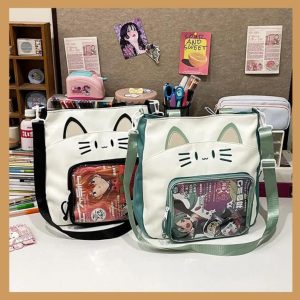 Kawaii Cat Ita Shoulder Bag | Large Capacity Nylon Crossbody | Transparent Display Tote | Y2K Cute Women Handbag
