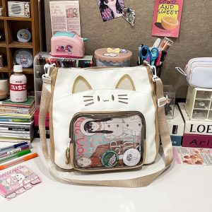 Kawaii Cat Ita Shoulder Bag | Large Capacity Nylon Crossbody | Transparent Display Tote | Y2K Cute Women Handbag
