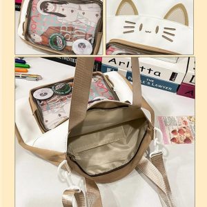 Kawaii Cat Ita Shoulder Bag | Large Capacity Nylon Crossbody | Transparent Display Tote | Y2K Cute Women Handbag