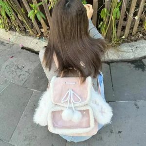 Kawaii Corduroy Ita Backpack – Pink Rabbit Ears Lolita Harajuku Y2K Bag with Transparent Pocket