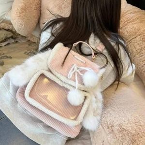 Kawaii Corduroy Ita Backpack – Pink Rabbit Ears Lolita Harajuku Y2K Bag with Transparent Pocket