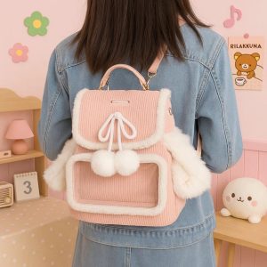 Kawaii Corduroy Ita Backpack – Pink Rabbit Ears Lolita Harajuku Y2K Bag with Transparent Pocket