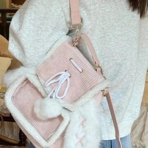 Kawaii Corduroy Ita Backpack – Pink Rabbit Ears Lolita Harajuku Y2K Bag with Transparent Pocket