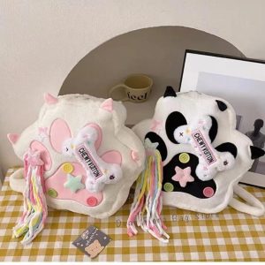 Kawaii Furry Paw Backpack – Y2K Plush Crossbody Knapsack