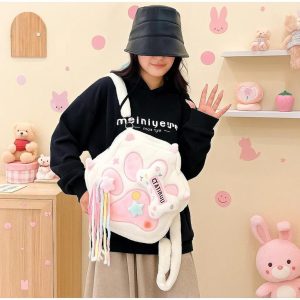 Kawaii Furry Paw Backpack – Y2K Plush Crossbody Knapsack