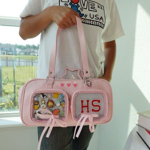 Kawaii Ita Bag with Double Insert Windows, Cute Shoulder Tote for Enamel Pins, Anime Cosplay Bag, Japanese Style Bag, Harajuku Unique Bag.