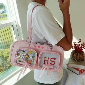 Kawaii Ita Bag with Double Insert Windows, Cute Shoulder Tote for Enamel Pins, Anime Cosplay Bag, Japanese Style Bag, Harajuku Unique Bag.