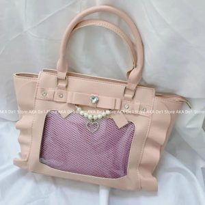 Kawaii Pearl Chain Ita Bag – Heart Rhinestone Lolita Ruffle Bow Handbag Crossbody Pink White