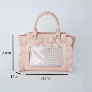 Kawaii Pearl Chain Ita Bag – Heart Rhinestone Lolita Ruffle Bow Handbag Crossbody Pink White
