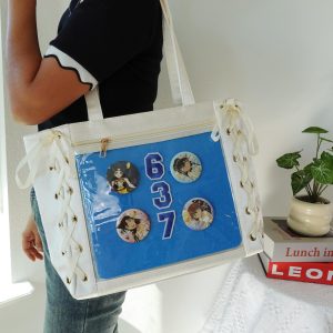 Large Anime Ita Bag Tote | Kawaii Lace-Up Side Clear Pin Display Bag | Premium Fabric with Smooth Satin Finish | Pin Collector Shoulder Bag.