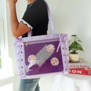 Large Anime Ita Bag Tote | Kawaii Lace-Up Side Clear Pin Display Bag | Premium Fabric with Smooth Satin Finish | Pin Collector Shoulder Bag.