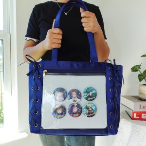 Large Anime Ita Bag Tote | Kawaii Lace-Up Side Clear Pin Display Bag | Premium Fabric with Smooth Satin Finish | Pin Collector Shoulder Bag.