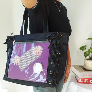 Large Anime Ita Bag Tote | Kawaii Lace-Up Side Clear Pin Display Bag | Premium Fabric with Smooth Satin Finish | Pin Collector Shoulder Bag.