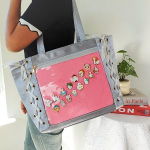 Large Anime Ita Bag Tote | Kawaii Lace-Up Side Clear Pin Display Bag | Premium Fabric with Smooth Satin Finish | Pin Collector Shoulder Bag.