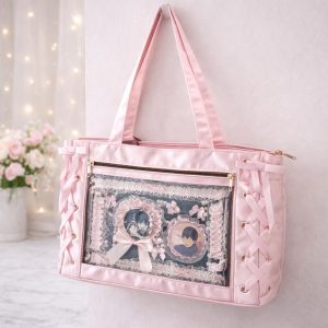 Large Bow Ita Bag with Clear Display Window, Personalized Anime Pin Tote, Kpop & Convention Shoulder Bag for Collectibles