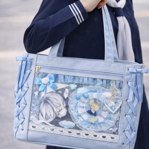Large Bow Ita Bag with Clear Display Window, Personalized Anime Pin Tote, Kpop & Convention Shoulder Bag for Collectibles