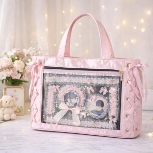 Large Bow Ita Bag with Clear Display Window, Personalized Anime Pin Tote, Kpop & Convention Shoulder Bag for Collectibles