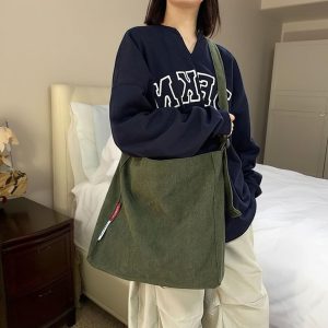 Large Corduroy Crossbody Bag, Personalized Shoulder Bag, Corduroy School Bag, Retro Messenger Bag, Travel Crossbody Bag, Everyday Tote