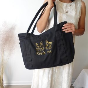 Large Custom Pet Portrait Tote Bag: Embroidered Canvas Dog or Cat Tote, Personalized Big Shopper Bag, Everyday Gift for Pet Animal Lovers.