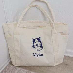 Large Custom Pet Portrait Tote Bag: Embroidered Canvas Dog or Cat Tote, Personalized Big Shopper Bag, Everyday Gift for Pet Animal Lovers.