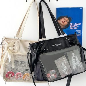 Large Ita Bag with Bow Ribbon, Clear Window Bag, Pin Display Bag, Ita Crossbody Bag, Cute Shoulder Purse with Clear Window, Gift for Girl