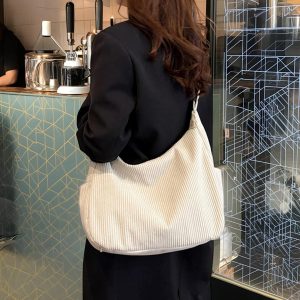 Minimalist Corduroy Shoulder Bag — Zippered Crossbody Bag, Retro Fabric Bag For Women, Lightweight Solid Color Travel Pursem, Daily Handbag