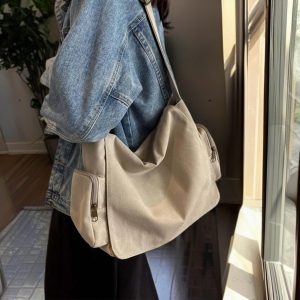 Multi-Pocket Shoulder Bag, Canvas Bag With Zipper, Canvas Messenger Bag, Adjustable Strap Crossbody Bag, Minimalist Tote Bag, Student Bag