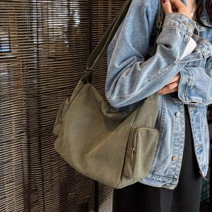 Multi-Pocket Shoulder Bag, Canvas Bag With Zipper, Canvas Messenger Bag, Adjustable Strap Crossbody Bag, Minimalist Tote Bag, Student Bag