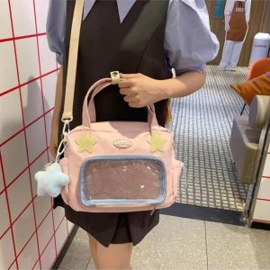 Patchwork Ita Bag – Kawaii Nylon Transparent Crossbody Backpack for Anime Pins & Charms