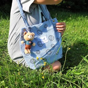 Personalized Corduroy Smiley Face Tote Bag: Embroidered Makeup Organizer