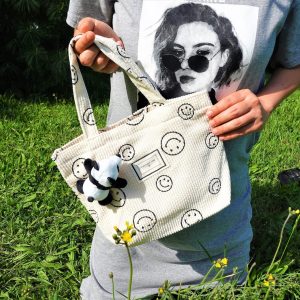 Personalized Corduroy Smiley Face Tote Bag: Embroidered Totebag or Lunch bag or Makeup Bag