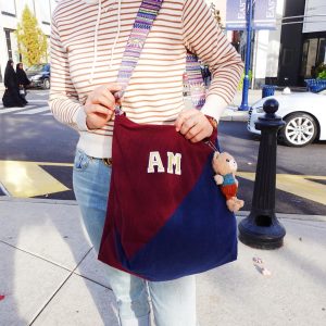 Personalized Corduroy Tote Bag: Retro Floral Strap, Initial Option