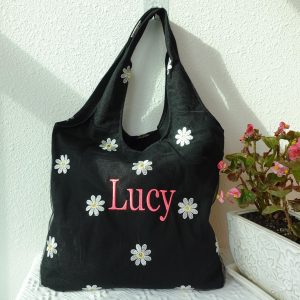 Personalized Daisy Embroidered Tote Bag: Custom Handmade Floral Purse