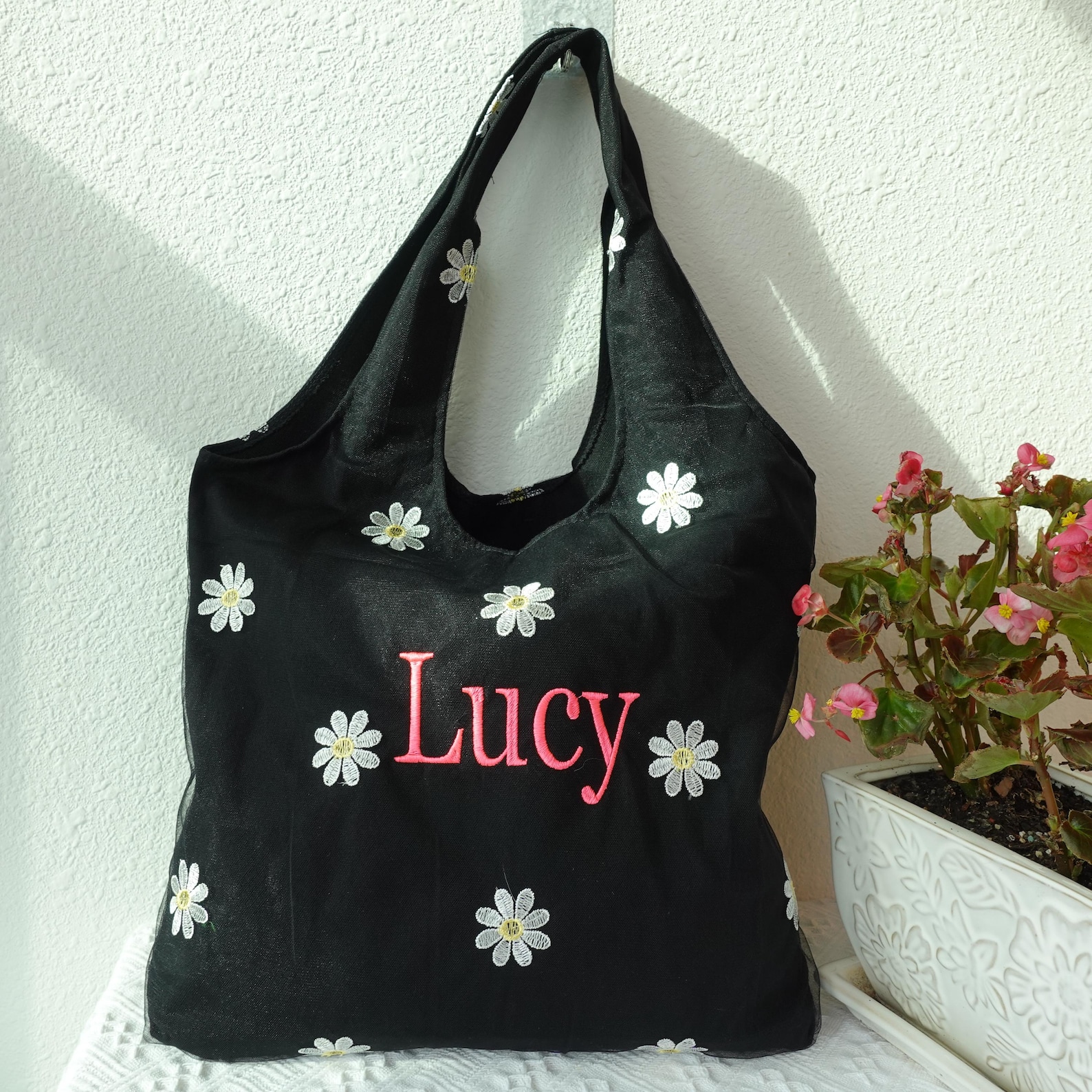 Personalized Daisy Embroidered Tote Bag: Custom Handmade Floral Purse