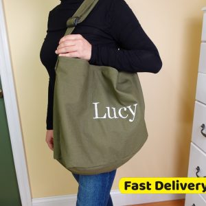 Personalized Embroidered Canvas Newspaper Bag: Large Crossbody Tote, Custom Book Bag, Everyday Messenger Purse, Custom Shoulder Bag.