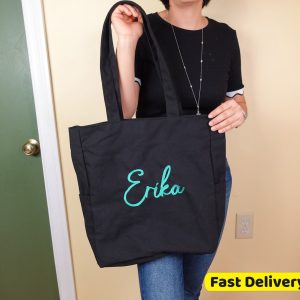 Personalized Embroidered Canvas Tote Bag: Extra Large Zippered Shoulder Bag