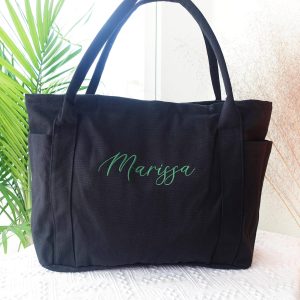 Personalized Embroidered Canvas Tote Bag: Large Zippered Travel Tote