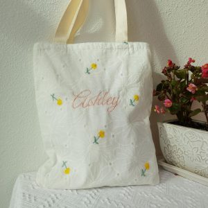 Personalized Embroidered Floral Tote Bag: Custom Cotton Shoulder Bag