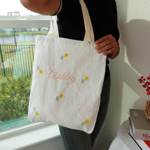 Personalized Embroidered Floral Tote Bag: Custom Cotton Shoulder Bag