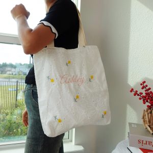 Personalized Embroidered Floral Tote Bag: Custom Cotton Shoulder Bag