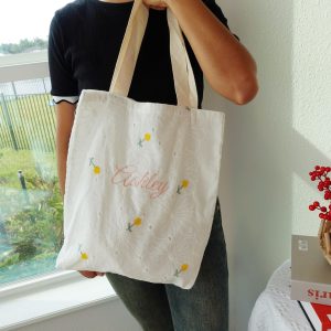 Personalized Embroidered Floral Tote Bag: Custom Cotton Shoulder Bag