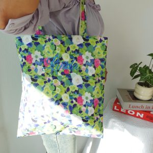 Personalized Floral Tote Bag, Custom Embroidered Name Canvas Tote, Japanese Aesthetic Kawaii Shoulder Bag, Botanical Print Gift for Her