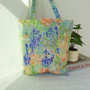 Personalized Floral Tote Bag, Custom Embroidered Name Canvas Tote, Japanese Aesthetic Kawaii Shoulder Bag, Botanical Print Gift for Her