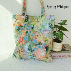 Personalized Floral Tote Bag, Custom Embroidered Name Canvas Tote, Japanese Aesthetic Kawaii Shoulder Bag, Botanical Print Gift for Her