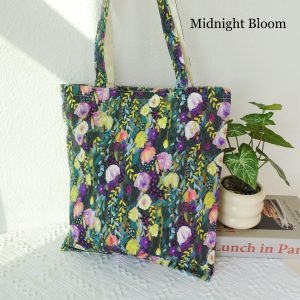 Personalized Floral Tote Bag, Custom Embroidered Name Canvas Tote, Japanese Aesthetic Kawaii Shoulder Bag, Botanical Print Gift for Her