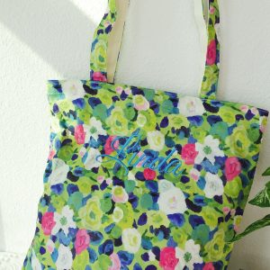 Personalized Floral Tote Bag, Custom Embroidered Name Canvas Tote, Japanese Aesthetic Kawaii Shoulder Bag, Botanical Print Gift for Her