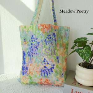 Personalized Floral Tote Bag, Custom Embroidered Name Canvas Tote, Japanese Aesthetic Kawaii Shoulder Bag, Botanical Print Gift for Her