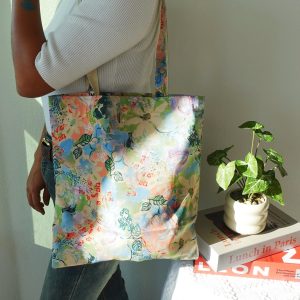 Personalized Floral Tote Bag, Custom Embroidered Name Canvas Tote, Japanese Aesthetic Kawaii Shoulder Bag, Botanical Print Gift for Her