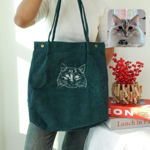 Personalized Pet Photo Tote Bag, Custom Embroidered Corduroy Shoulder Bag, Dog & Cat Portrait Purse, Gift for Her, Him, or Pet Lovers