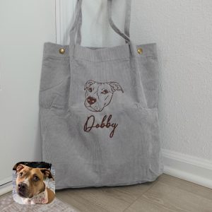 Personalized Pet Photo Tote Bag, Custom Embroidered Corduroy Shoulder Bag, Dog & Cat Portrait Purse, Gift for Her, Him, or Pet Lovers